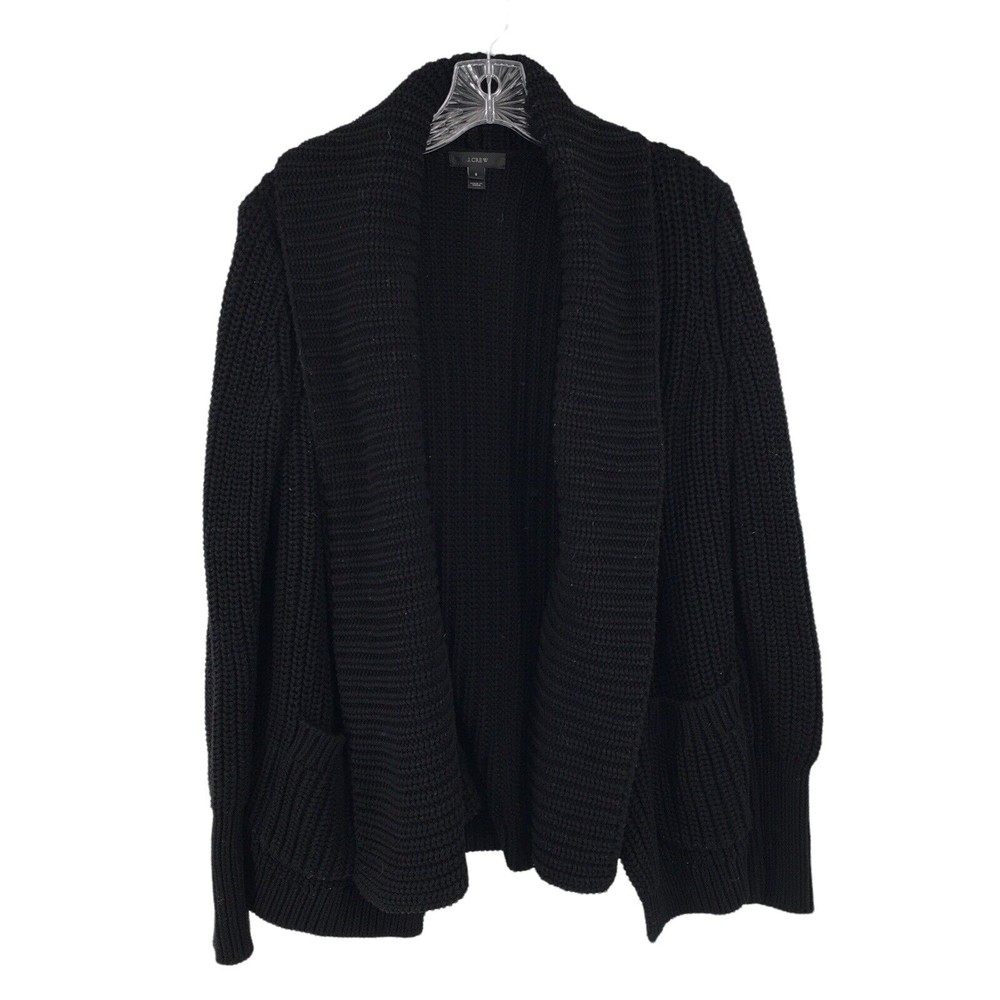 J. Crew Womens Black Rib Stitch Open Cardigan Sweater 100% Cotton Pockets Size S